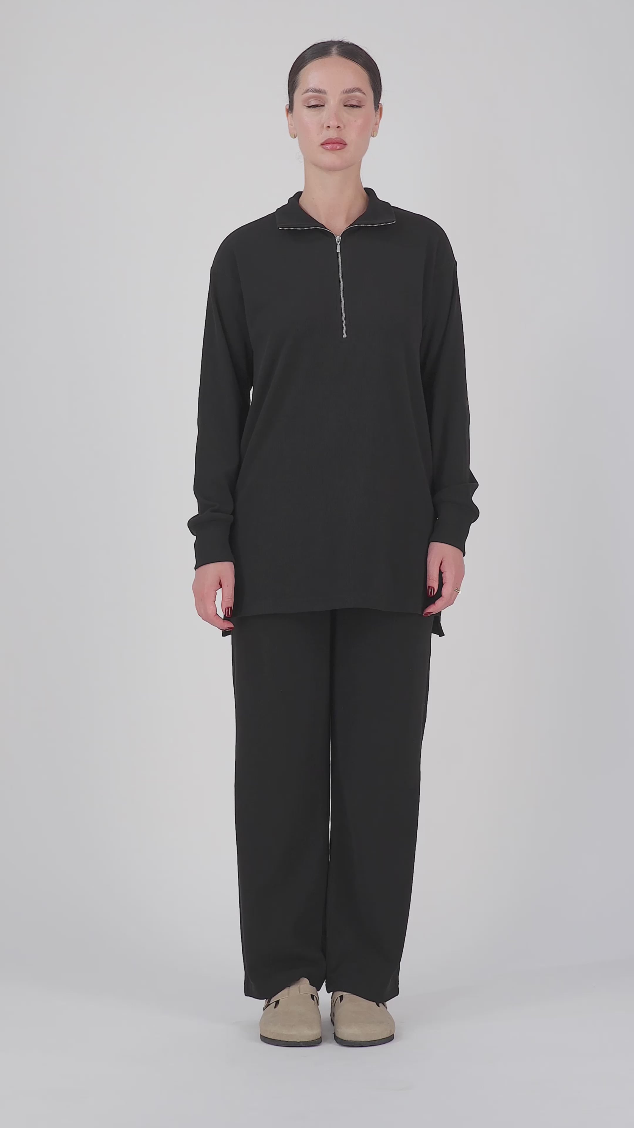 FARES Velour Knit Half Zip Modest Top – Black | Cozy Half Zip Sweater