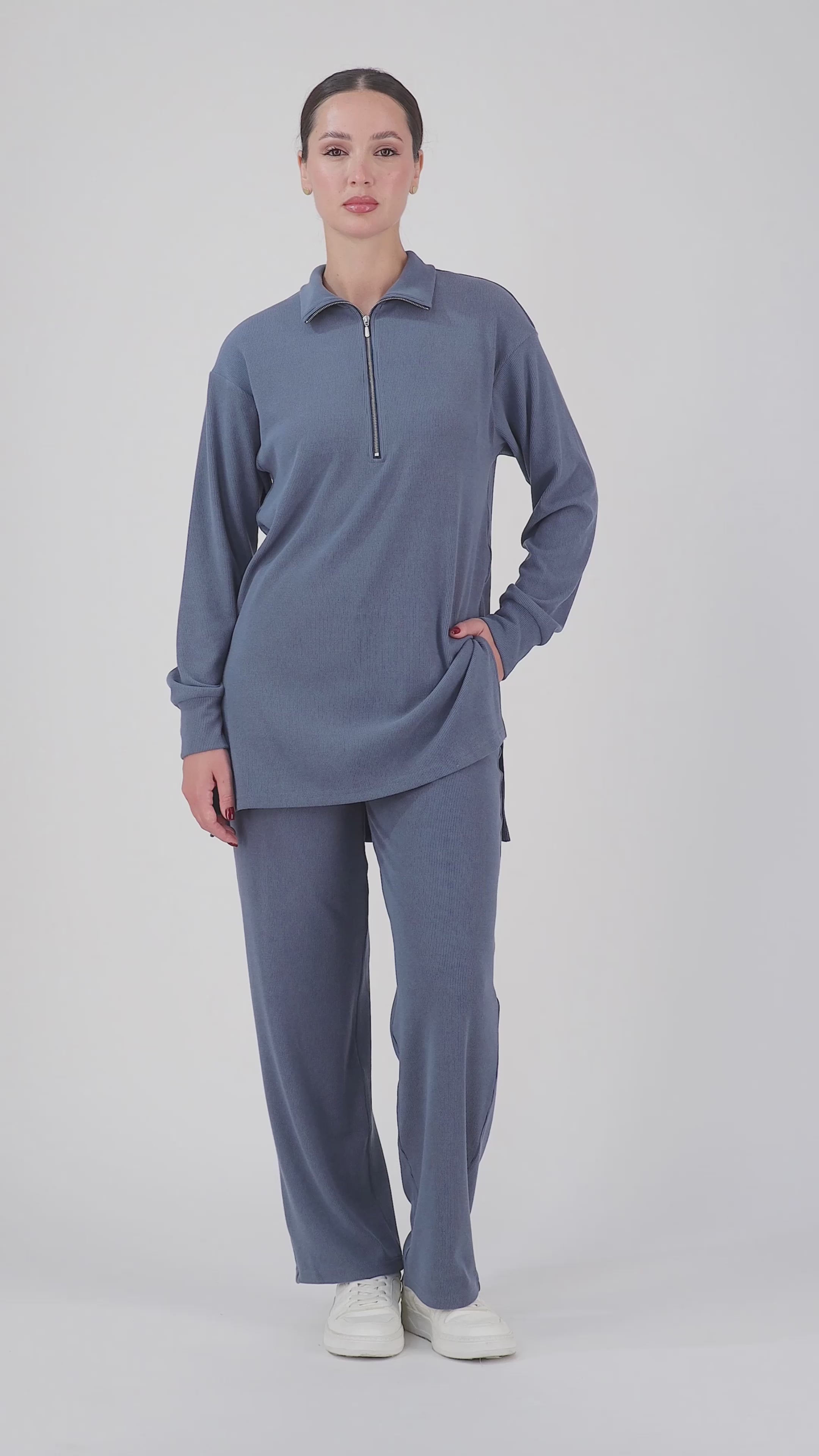 FARES Velour Knit Half Zip Modest Top – Royal Blue | Cozy Half Zip