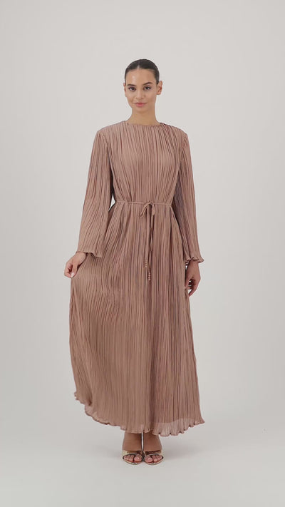 pleated long sleeve maxi dress Acler Wonastow Long-Sleeve Satin Solid Style Dark Purple Pleated Long Sleeve