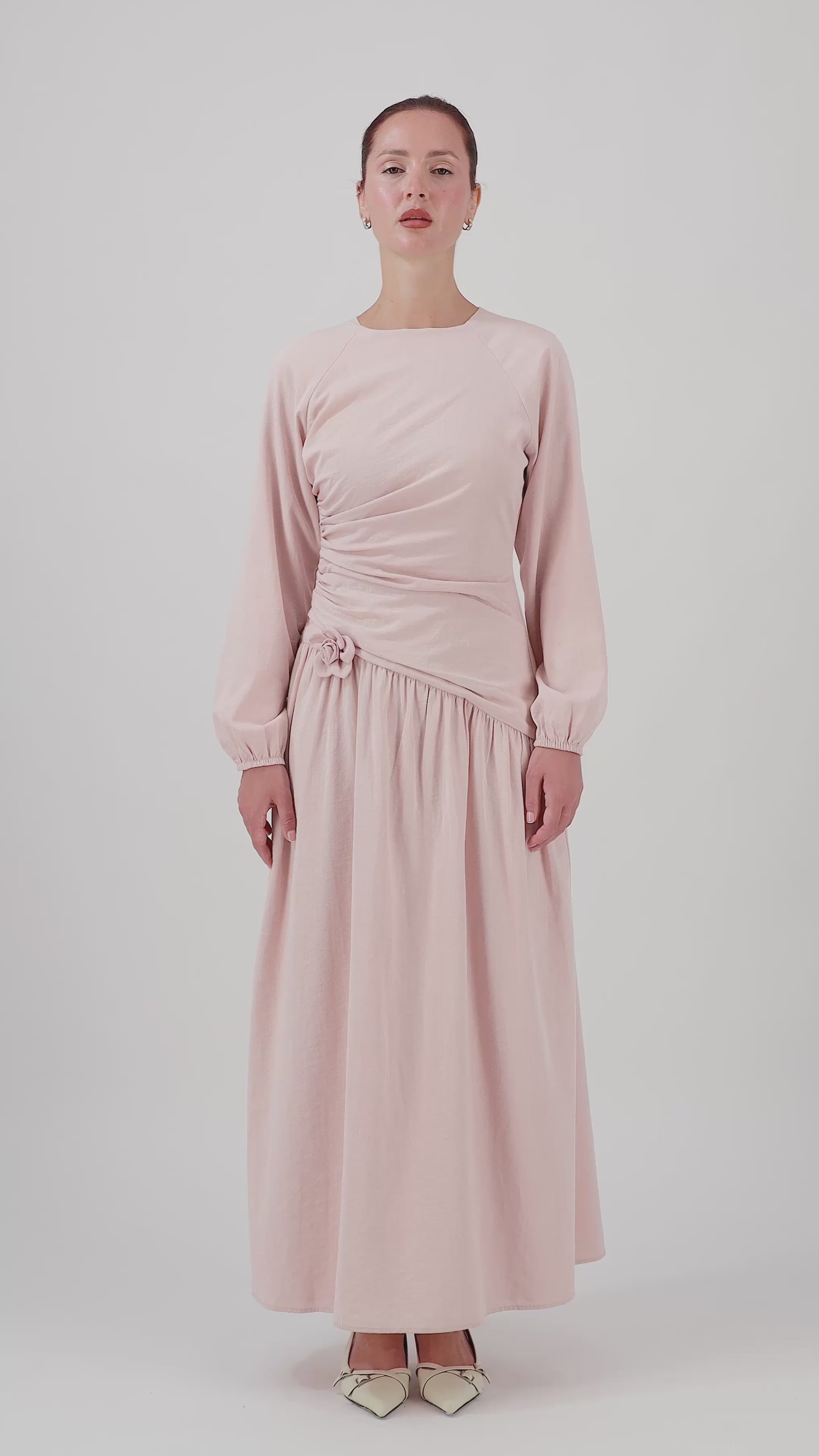 Video of the FARES Flower Accent Gathered Dress in Ballet Pink, showing the flowing silhouette and gathered details of this feminine summer dress.