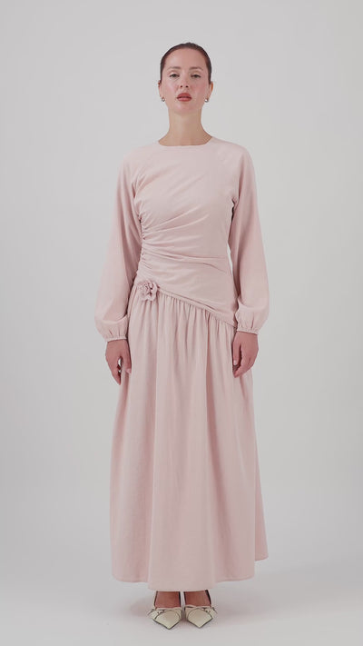 Video of the FARES Flower Accent Gathered Dress in Ballet Pink, showing the flowing silhouette and gathered details of this feminine summer dress.