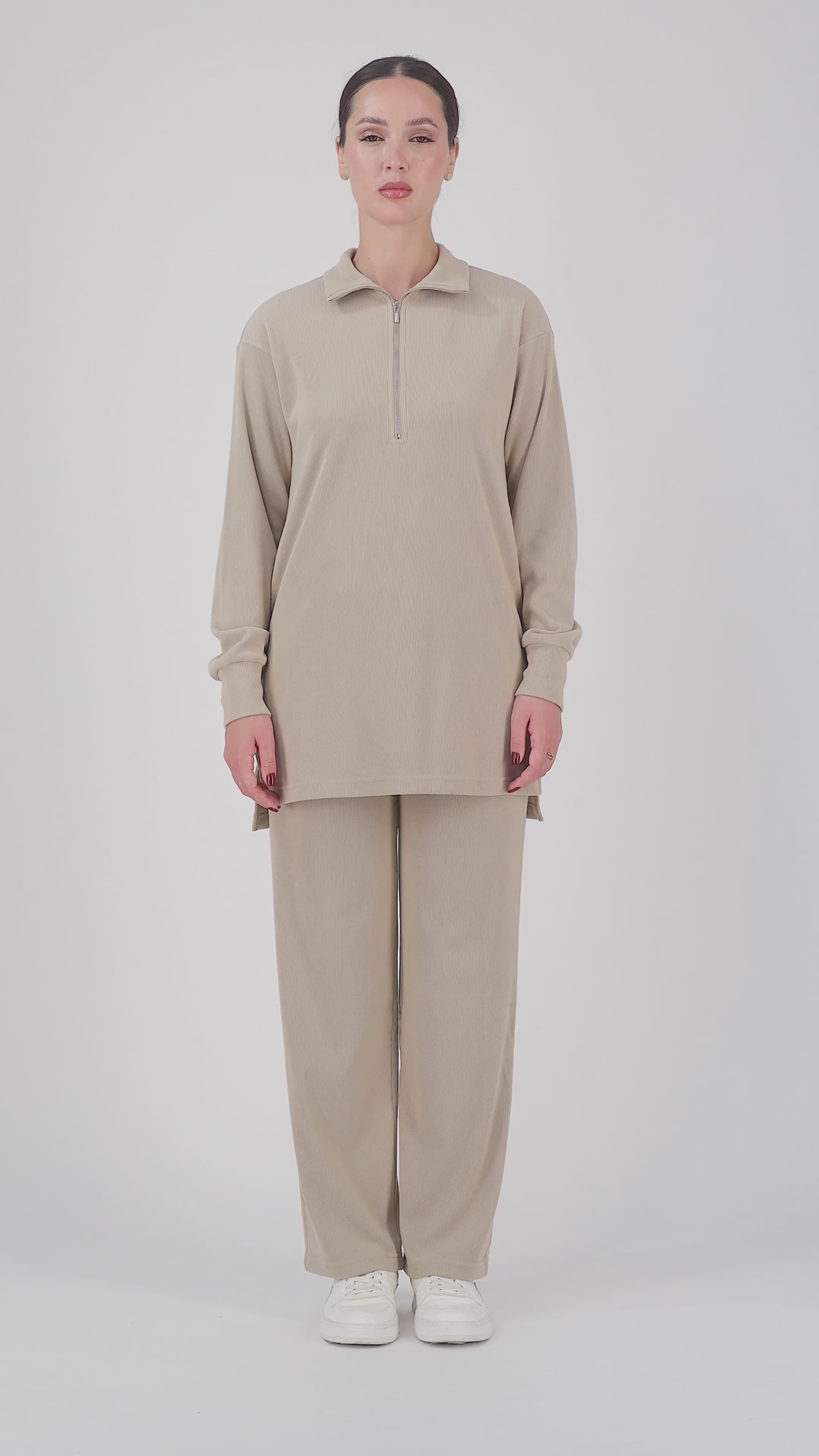 FARES Velour Knit Half Zip Modest Top – Medium Beige | Cozy Half