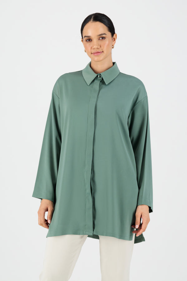 Satin Wide Sleeve Tunic - Sage