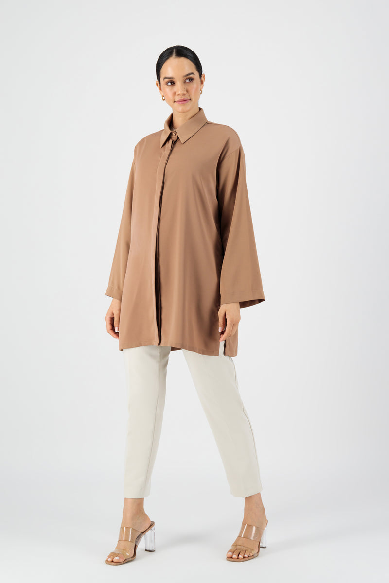 Satin Wide Sleeve Tunic - Brown Sugar